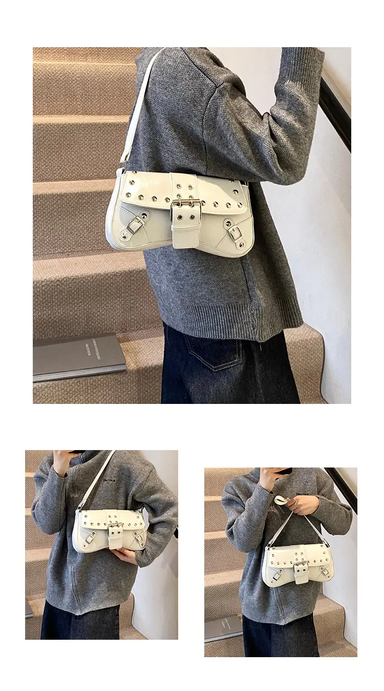 Black Leather Shoulder Bag with Metal Buckles — feature 6