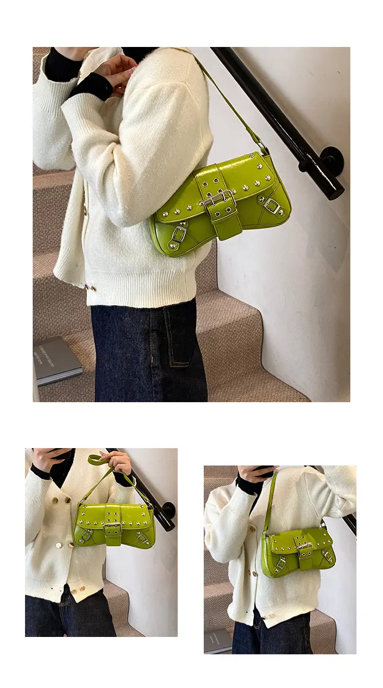 Black Leather Shoulder Bag with Metal Buckles — feature 7