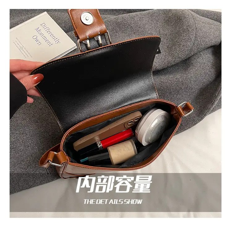 Black Leather Shoulder Bag with Metal Buckles — feature 9