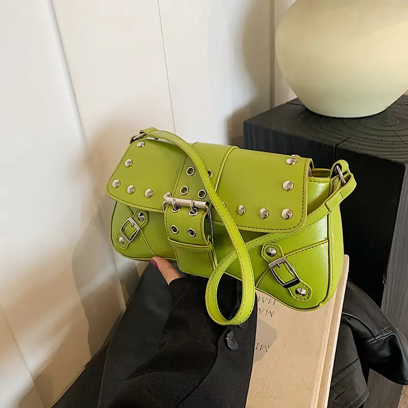 Black Leather Shoulder Bag with Metal Buckles