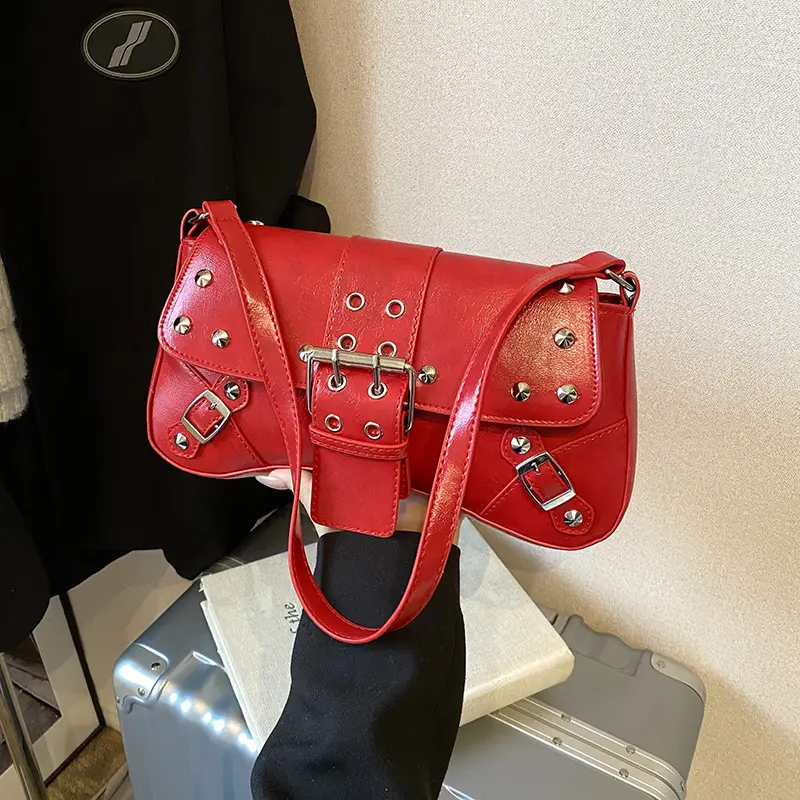Black Leather Shoulder Bag with Metal Buckles