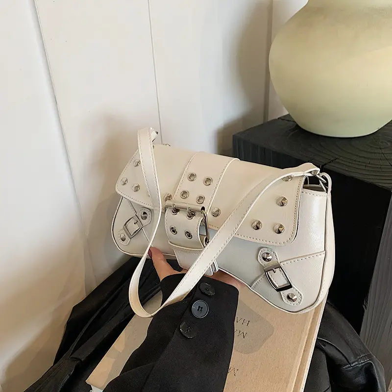Black Leather Shoulder Bag with Metal Buckles