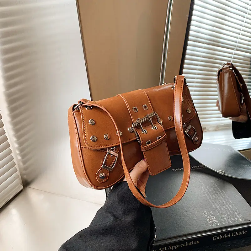 Black Leather Shoulder Bag with Metal Buckles