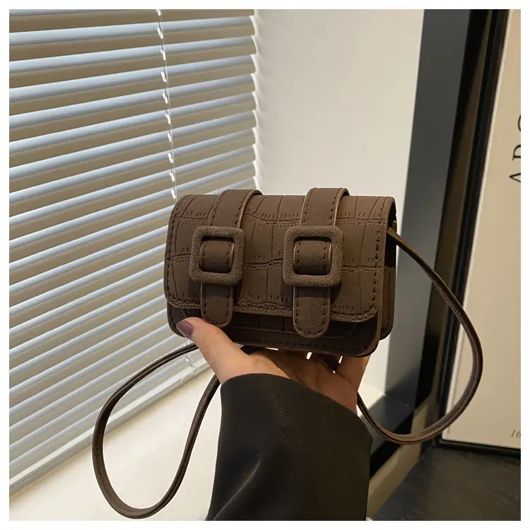 Small Square Crossbody Bag with Belt Buckle, Brown, 2024 — feature 13