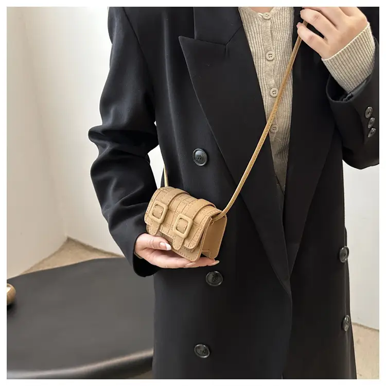 Small Square Crossbody Bag with Belt Buckle, Brown, 2024 — feature 14