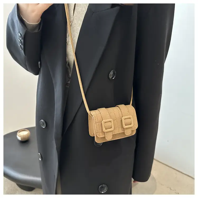 Small Square Crossbody Bag with Belt Buckle, Brown, 2024 — feature 15