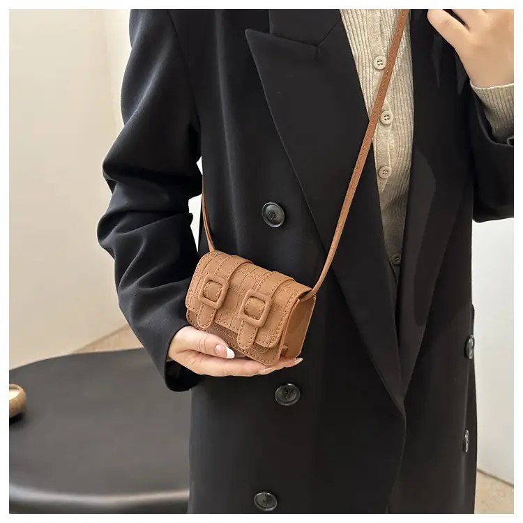 Small Square Crossbody Bag with Belt Buckle, Brown, 2024 — feature 18