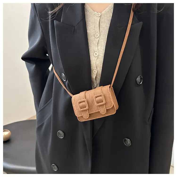 Small Square Crossbody Bag with Belt Buckle, Brown, 2024 — feature 19