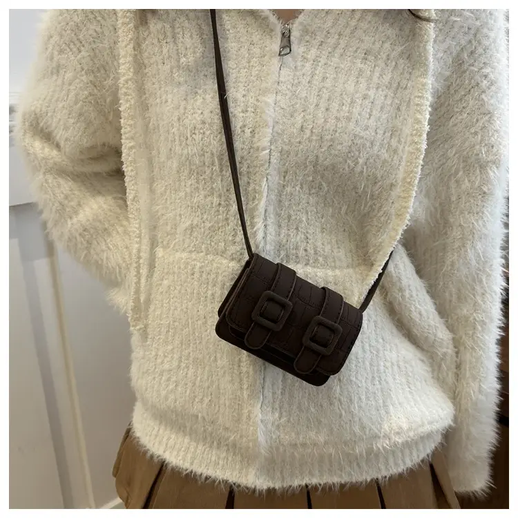 Small Square Crossbody Bag with Belt Buckle, Brown, 2024 — feature 21