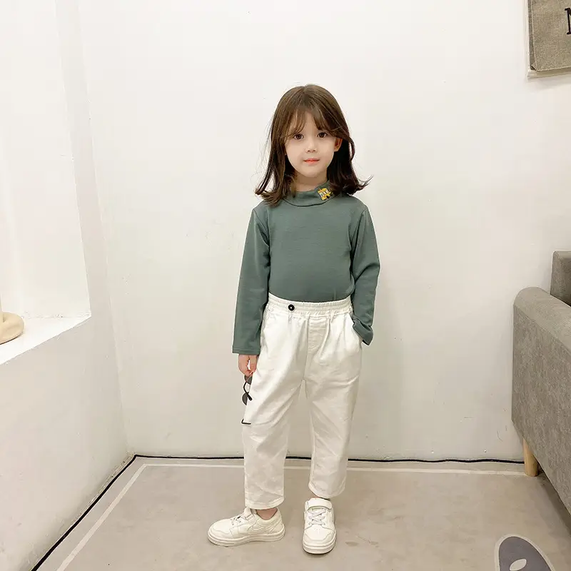 Girls Velvet Half-High Collar Yellow T-Shirt White Pants - Image 9