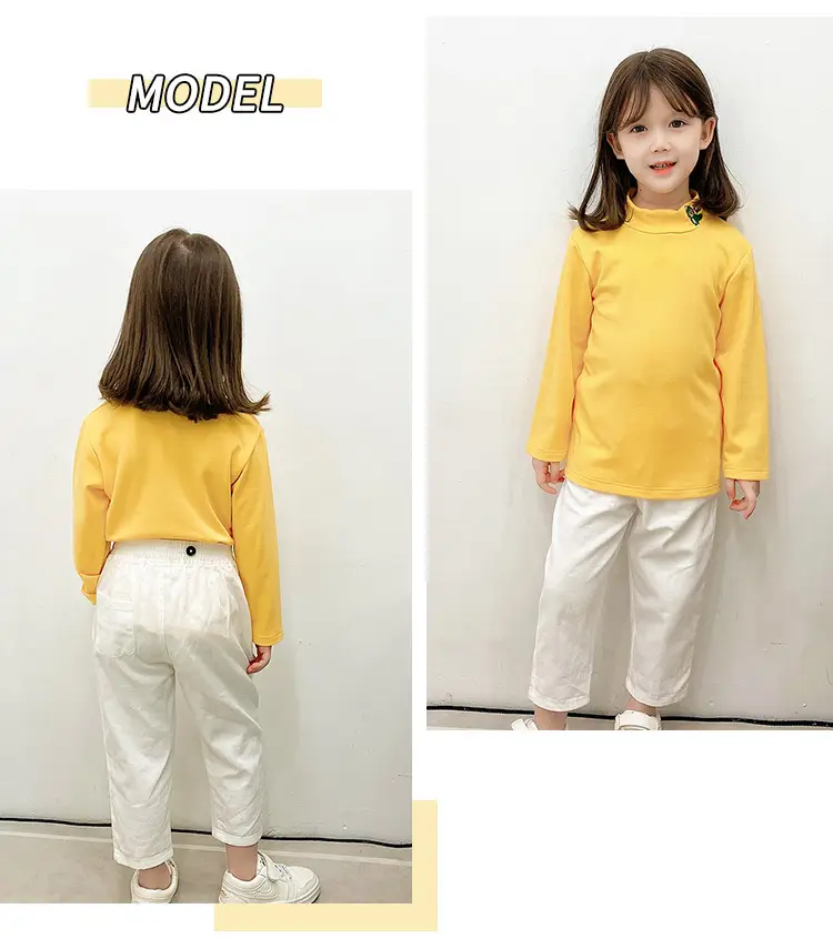 Girls Velvet Half-High Collar Yellow T-Shirt White Pants — feature 10