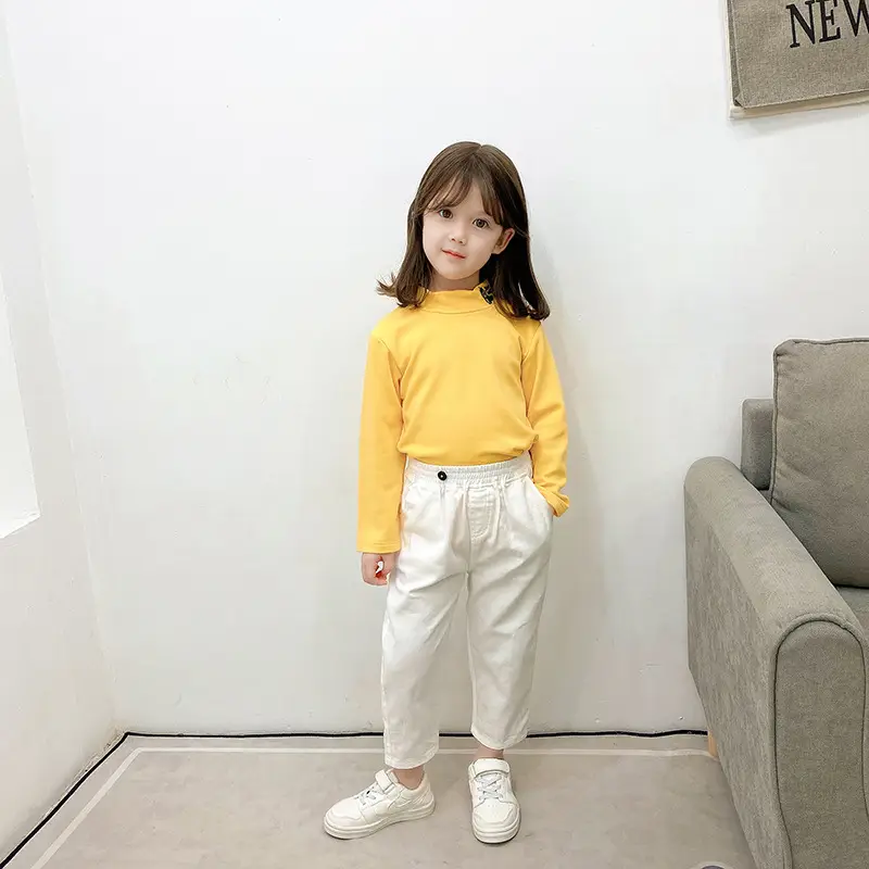 Girls Velvet Half-High Collar Yellow T-Shirt White Pants - Image 2