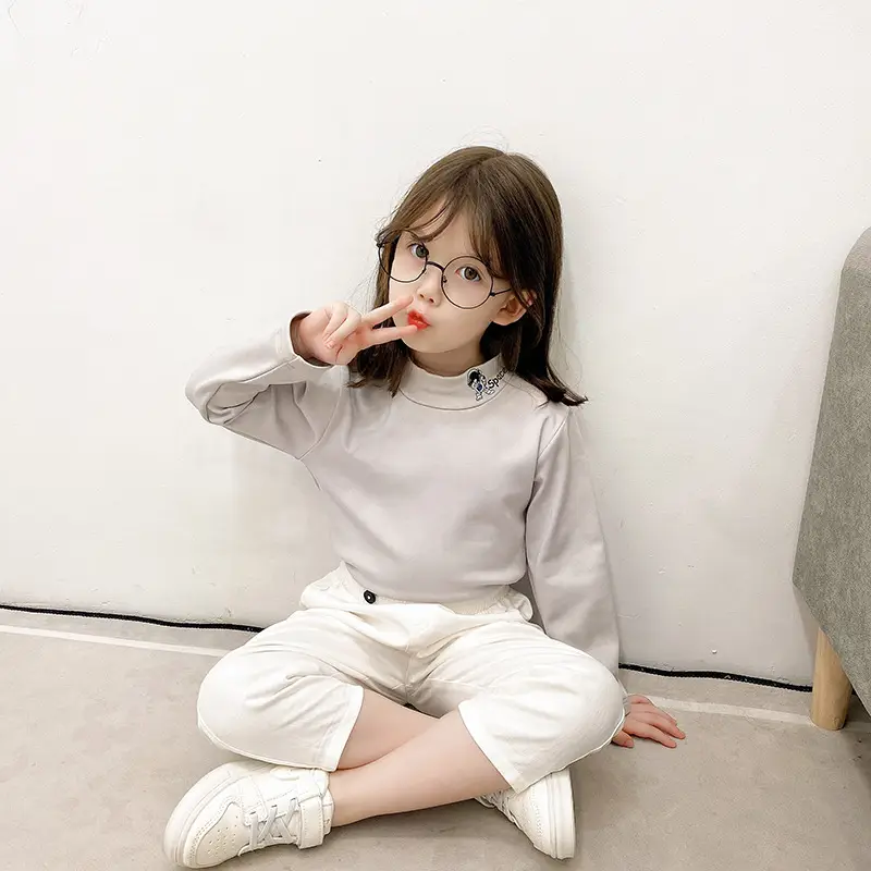 Girls Velvet Half-High Collar Yellow T-Shirt White Pants - Image 4