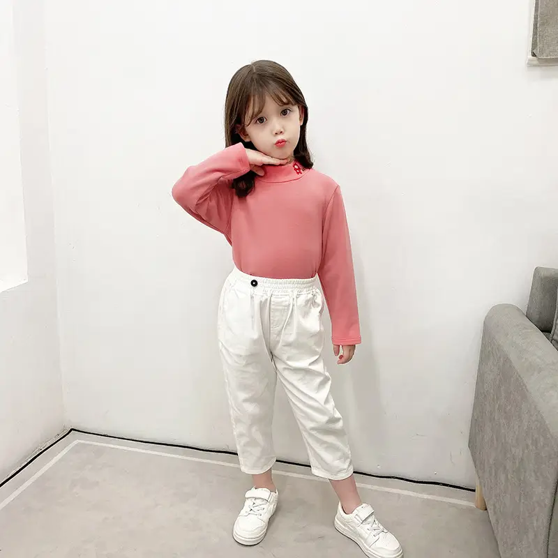 Girls Velvet Half-High Collar Yellow T-Shirt White Pants - Image 5
