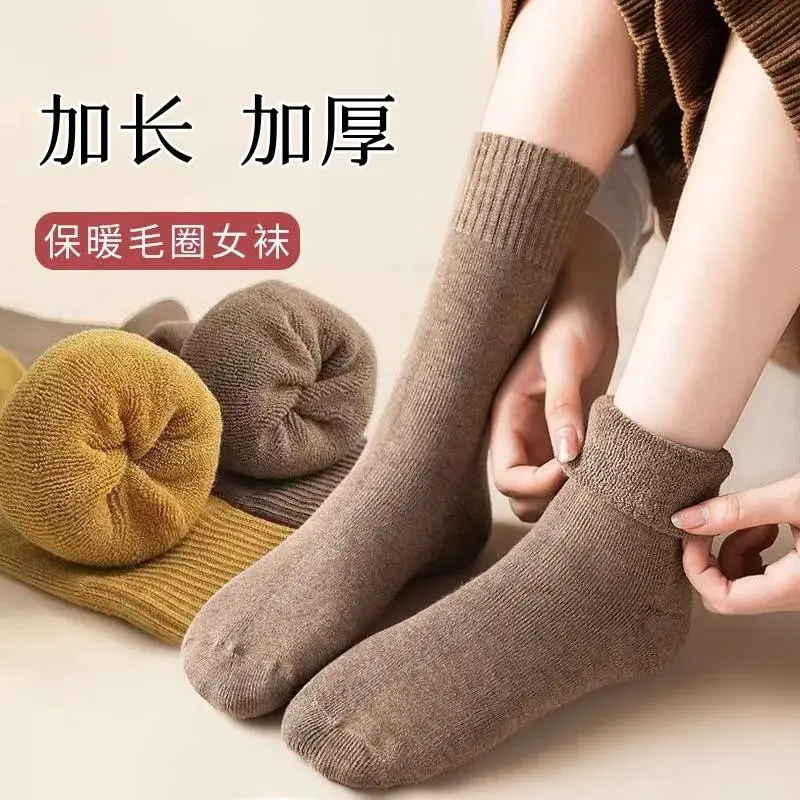 Socks autumn and winter women's thick terry socks warm black long fleece-lined winter towel bottom calf high thick socks