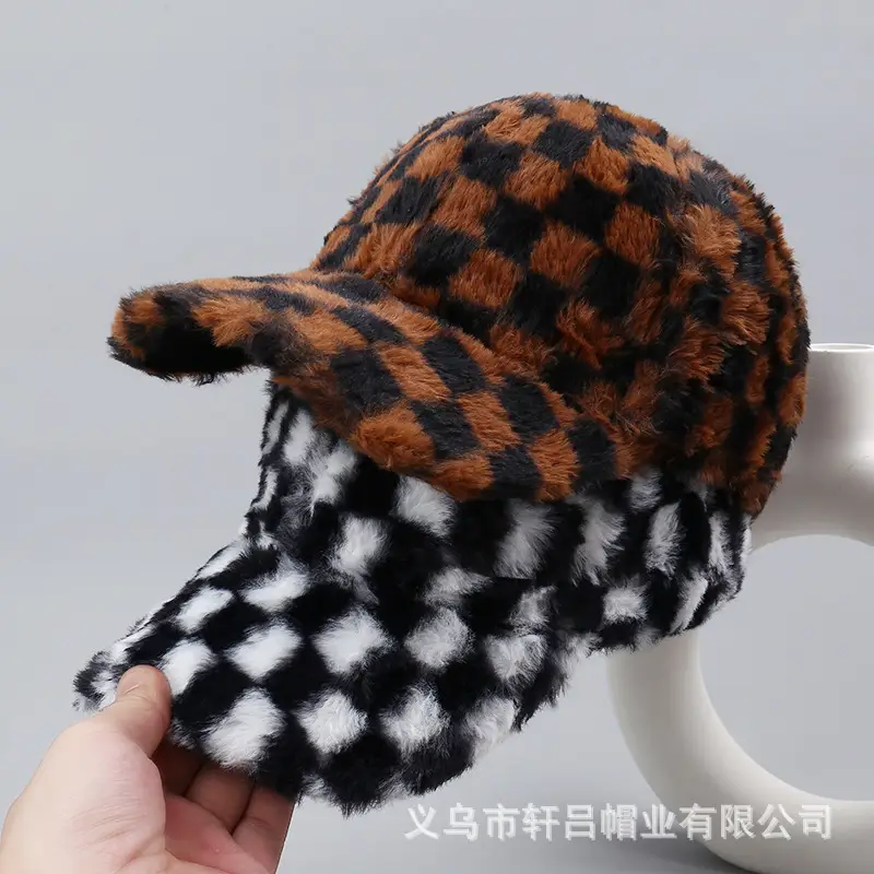 Plush Black & White Checkered Baseball Cap for Men Women