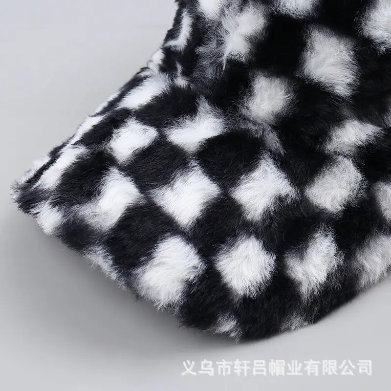 Plush Black & White Checkered Baseball Cap for Men Women
