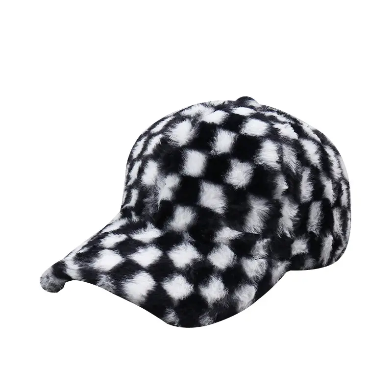Plush Black & White Checkered Baseball Cap for Men Women