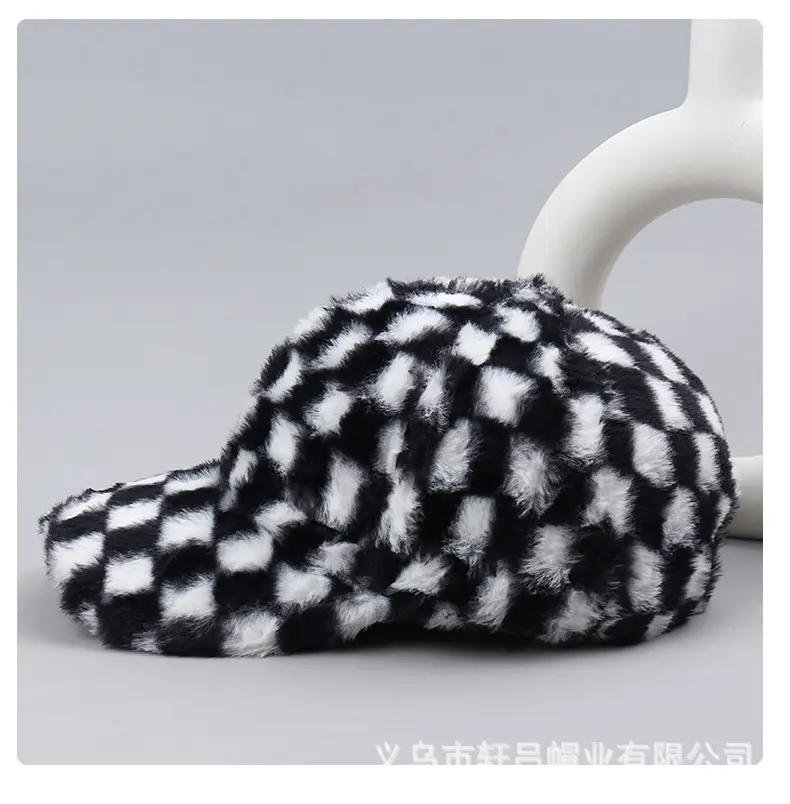 Plush Black & White Checkered Baseball Cap for Men Women — feature 43