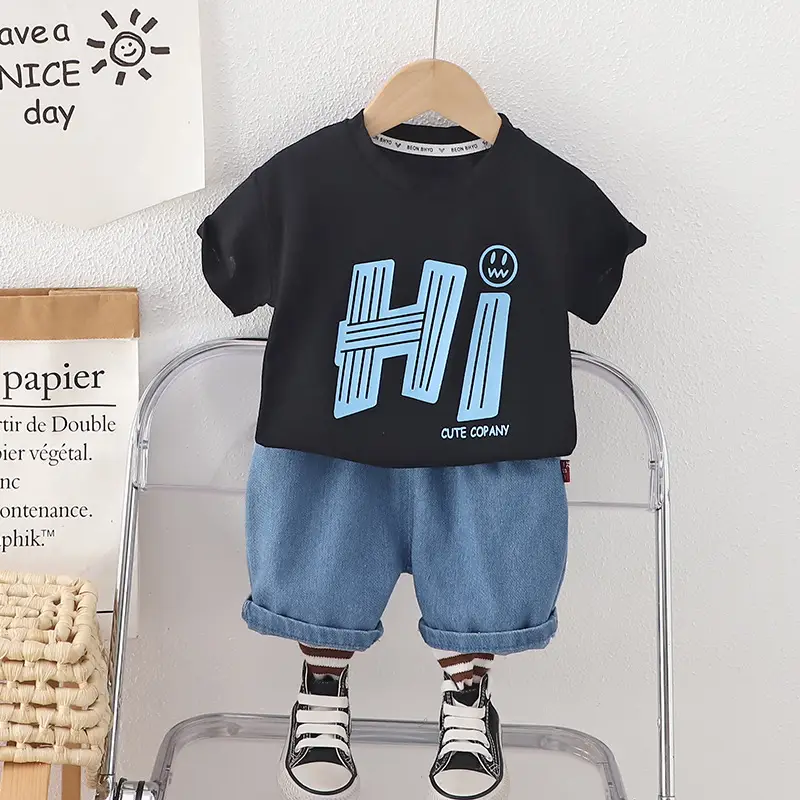 Children Cotton Letter Suit Black Blue Shorts Set - Image 3