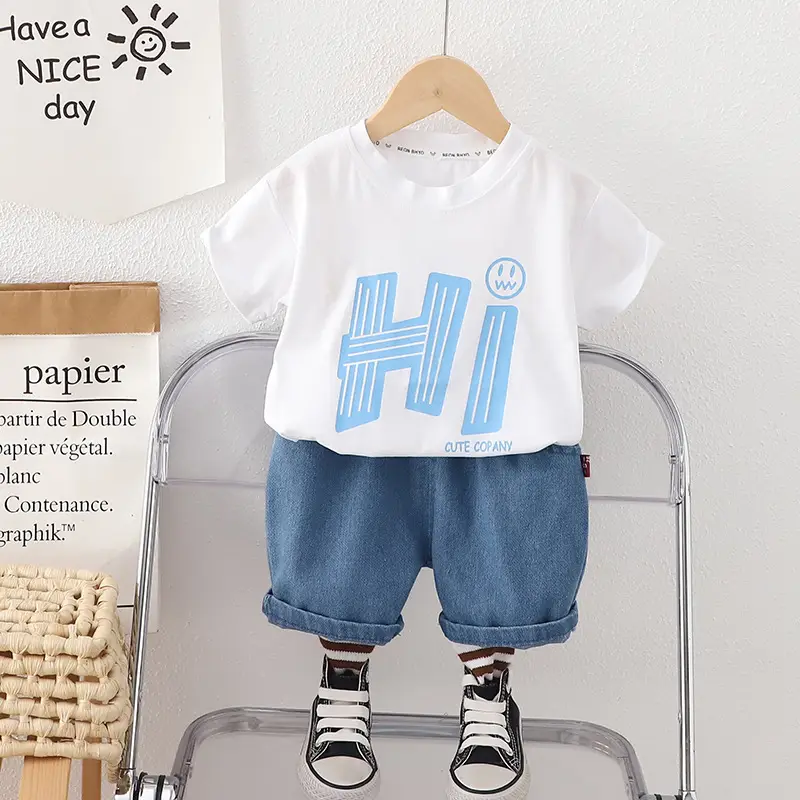 Children Cotton Letter Suit Black Blue Shorts Set - Image 2
