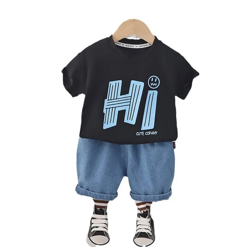 Children Cotton Letter Suit Black Blue Shorts Set - Image 5