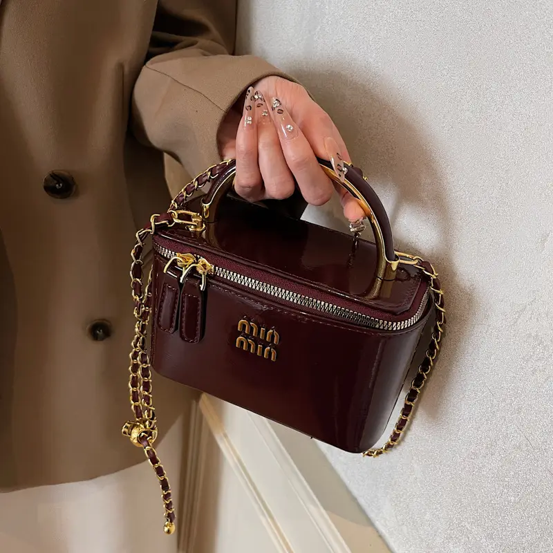 Women's Cross-border Retro Oil Wax Leather Box Bag Brown Gold Chain - Image 7