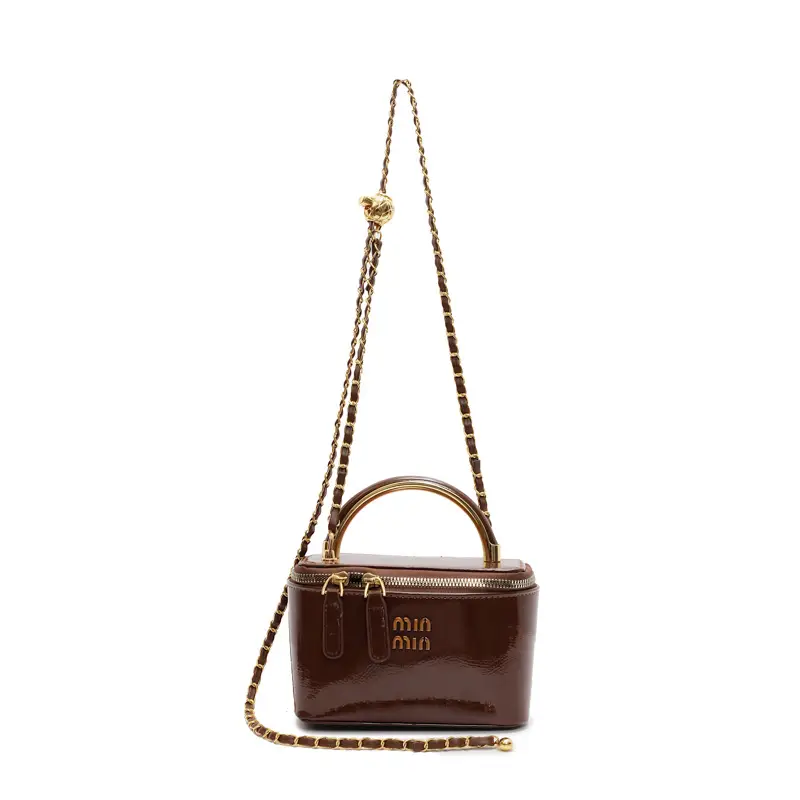 Women's Cross-border Retro Oil Wax Leather Box Bag Brown Gold Chain - Image 9