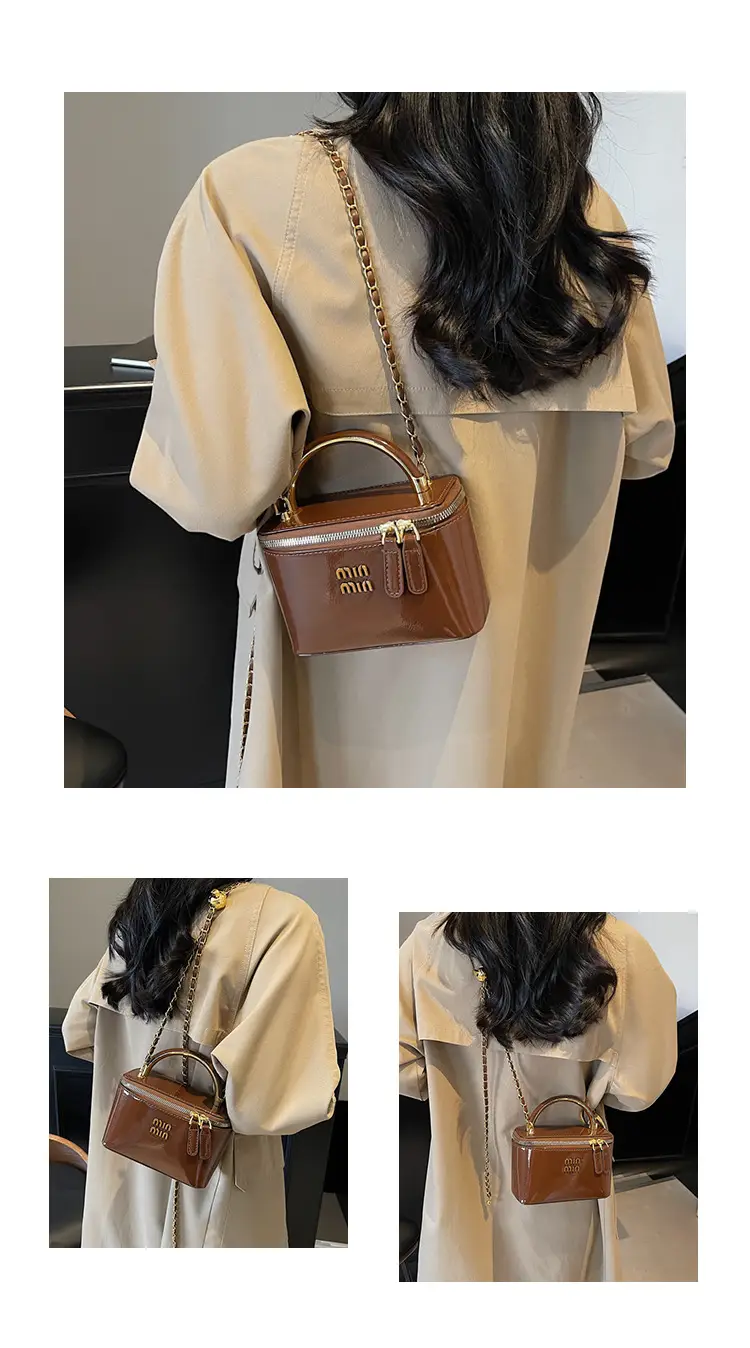 Women's Cross-border Retro Oil Wax Leather Box Bag Brown Gold Chain — feature 11