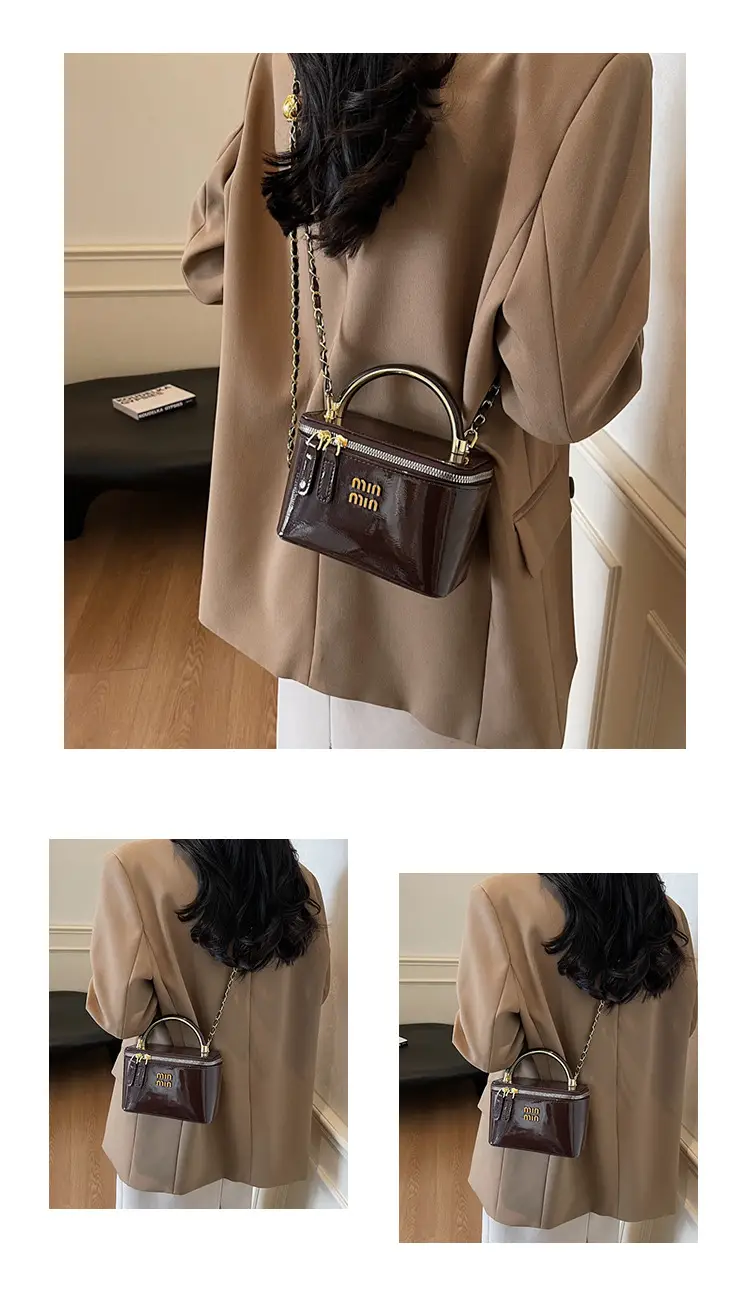 Women's Cross-border Retro Oil Wax Leather Box Bag Brown Gold Chain — feature 12
