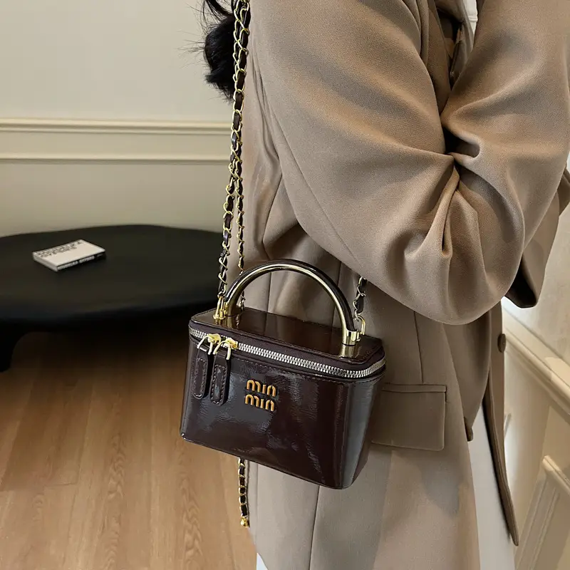 Women's Cross-border Retro Oil Wax Leather Box Bag Brown Gold Chain - Image 2