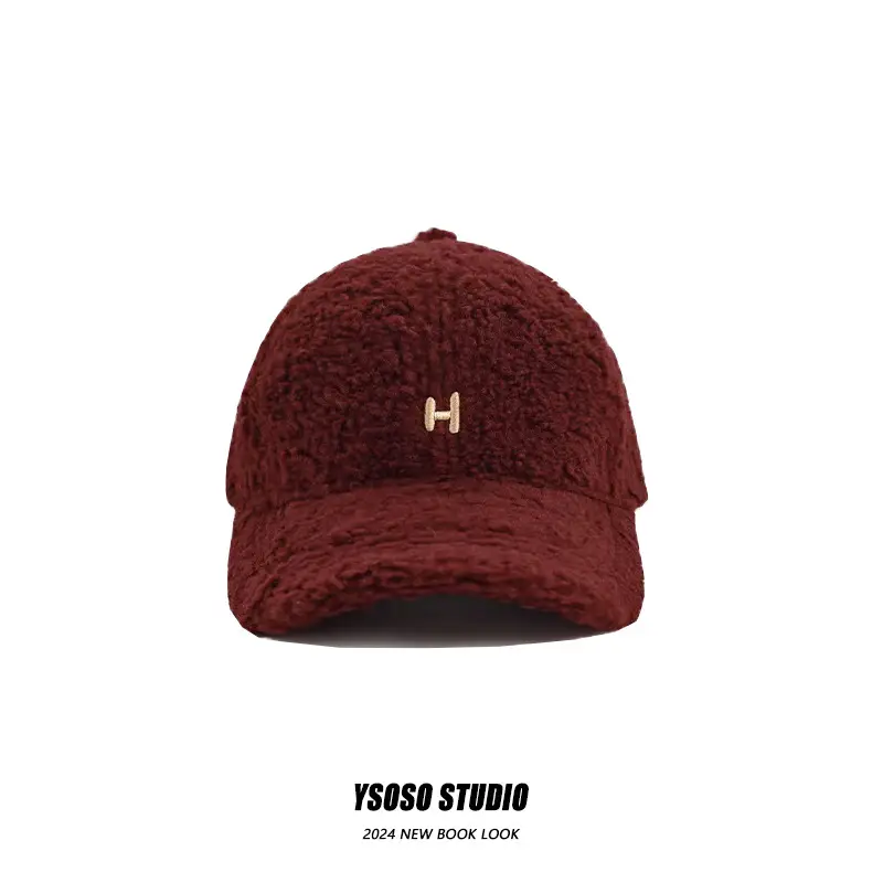 Women's Lamb Wool Baseball Cap H Embroidered Winter Warm - Image 9
