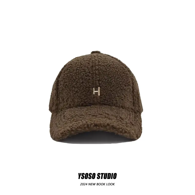 Women's Lamb Wool Baseball Cap H Embroidered Winter Warm - Image 8