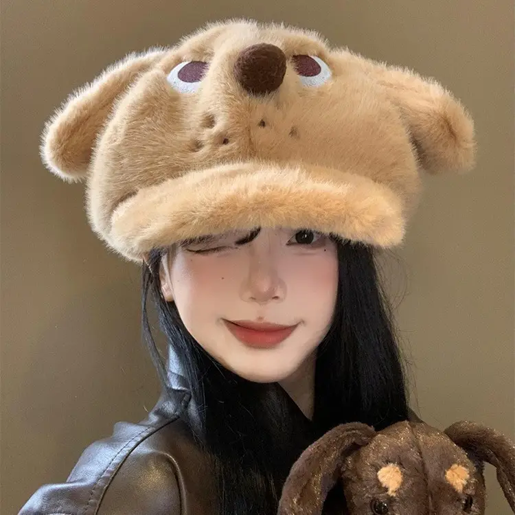 Cute Angry Dog Ears Plush Beret Women's Autumn Winter Cap - Image 2