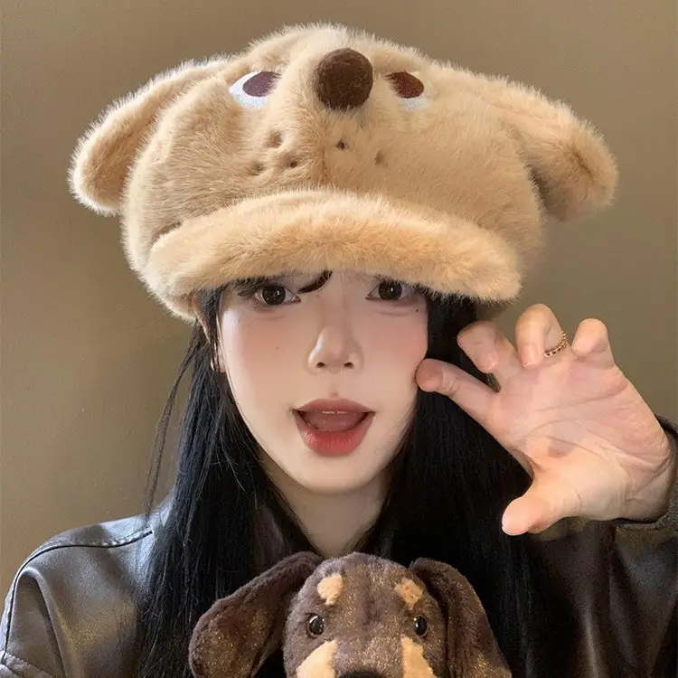 Cute Angry Dog Ears Plush Beret Women's Autumn Winter Cap - Image 3