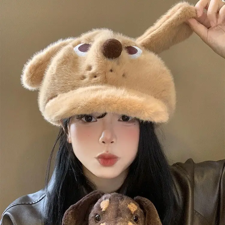 Cute Angry Dog Ears Plush Beret Women's Autumn Winter Cap - Image 4