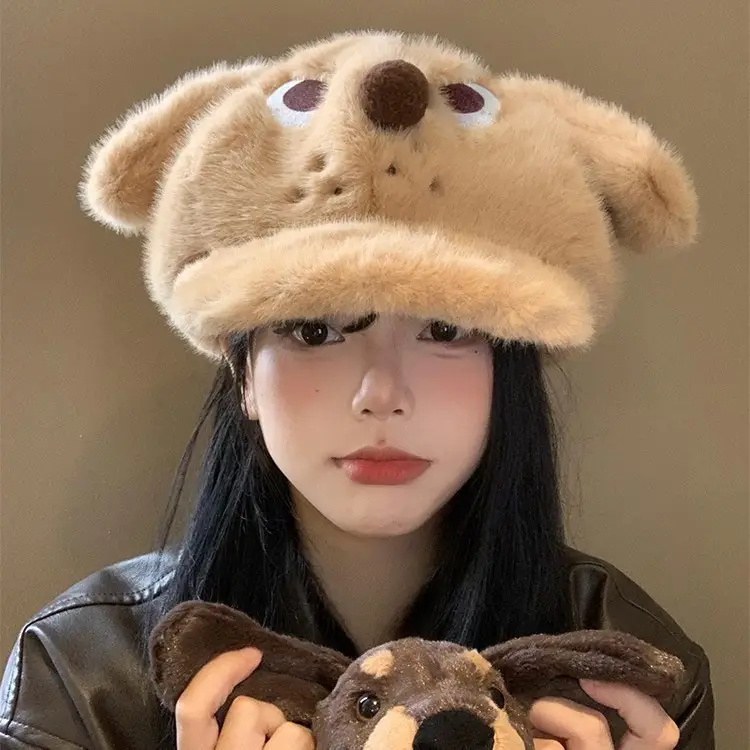 Cute Angry Dog Ears Plush Beret Women's Autumn Winter Cap - Image 5