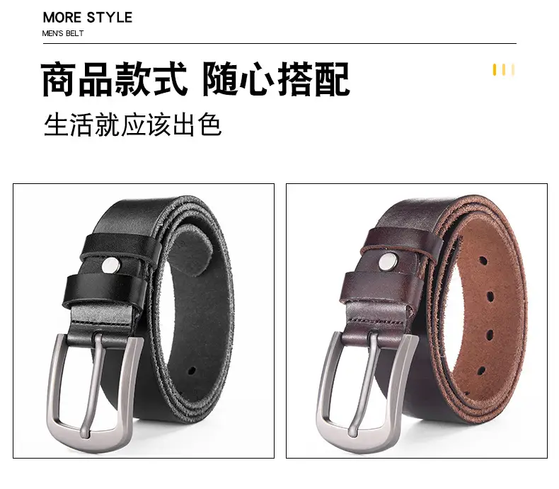Men's Black Cowhide Belt with Pin Buckle Wide Strap — feature 10