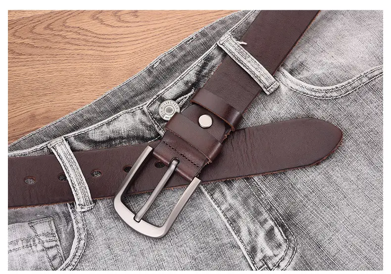 Men's Black Cowhide Belt with Pin Buckle Wide Strap — feature 13
