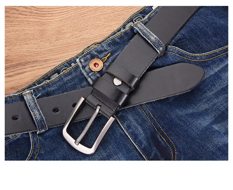 Men's Black Cowhide Belt with Pin Buckle Wide Strap — feature 14