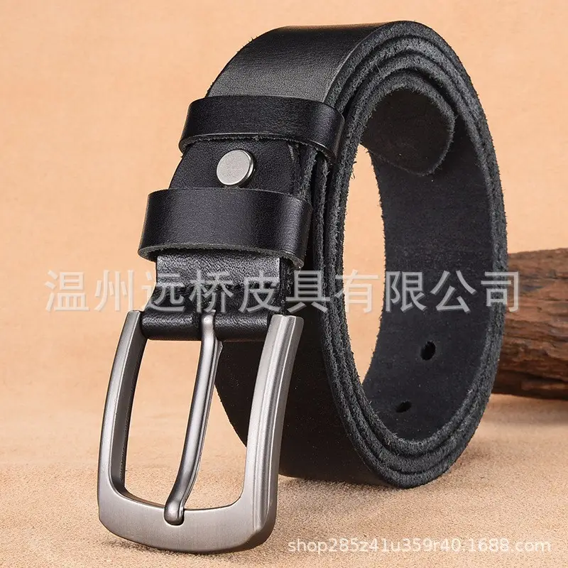 Men's Black Cowhide Belt with Pin Buckle Wide Strap — feature 23