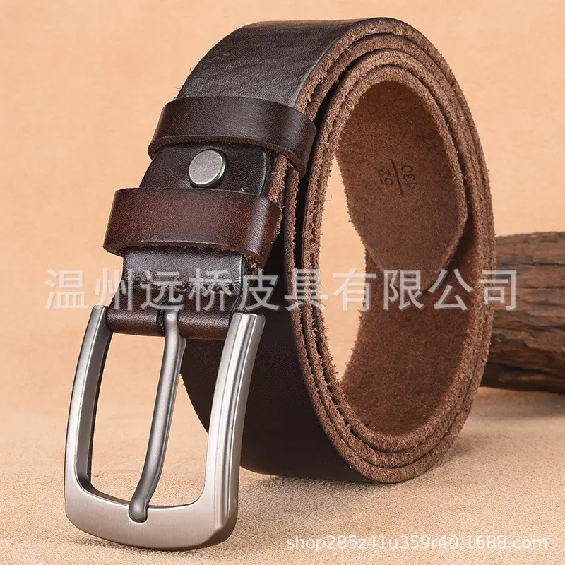 Men's Black Cowhide Belt with Pin Buckle Wide Strap — feature 24