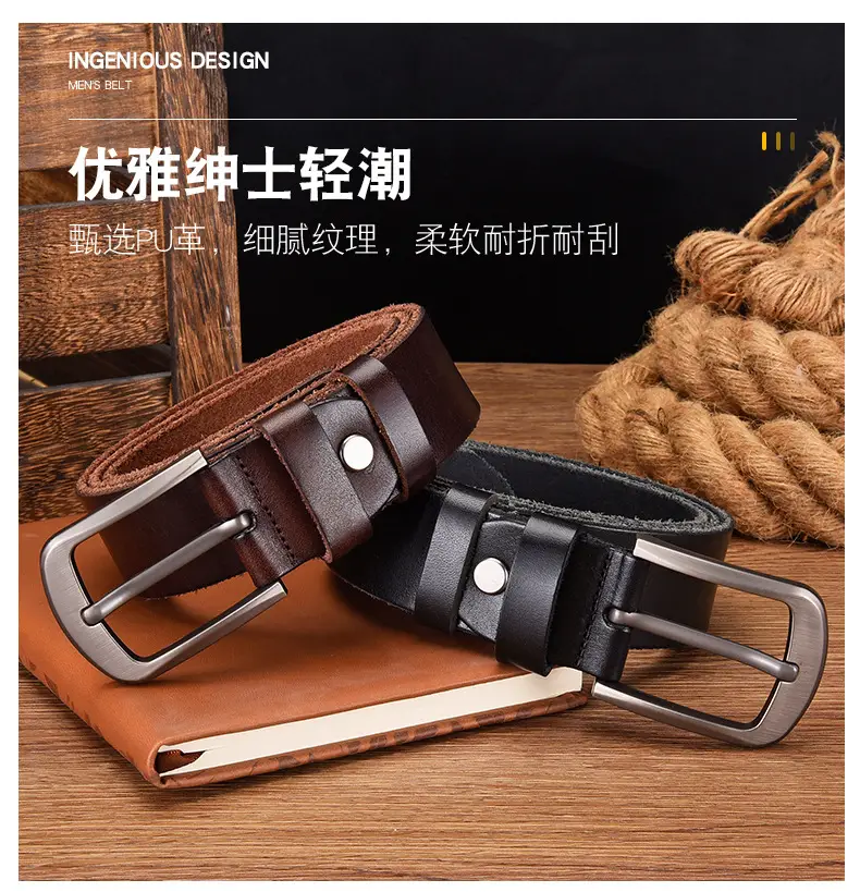 Men's Black Cowhide Belt with Pin Buckle Wide Strap — feature 3