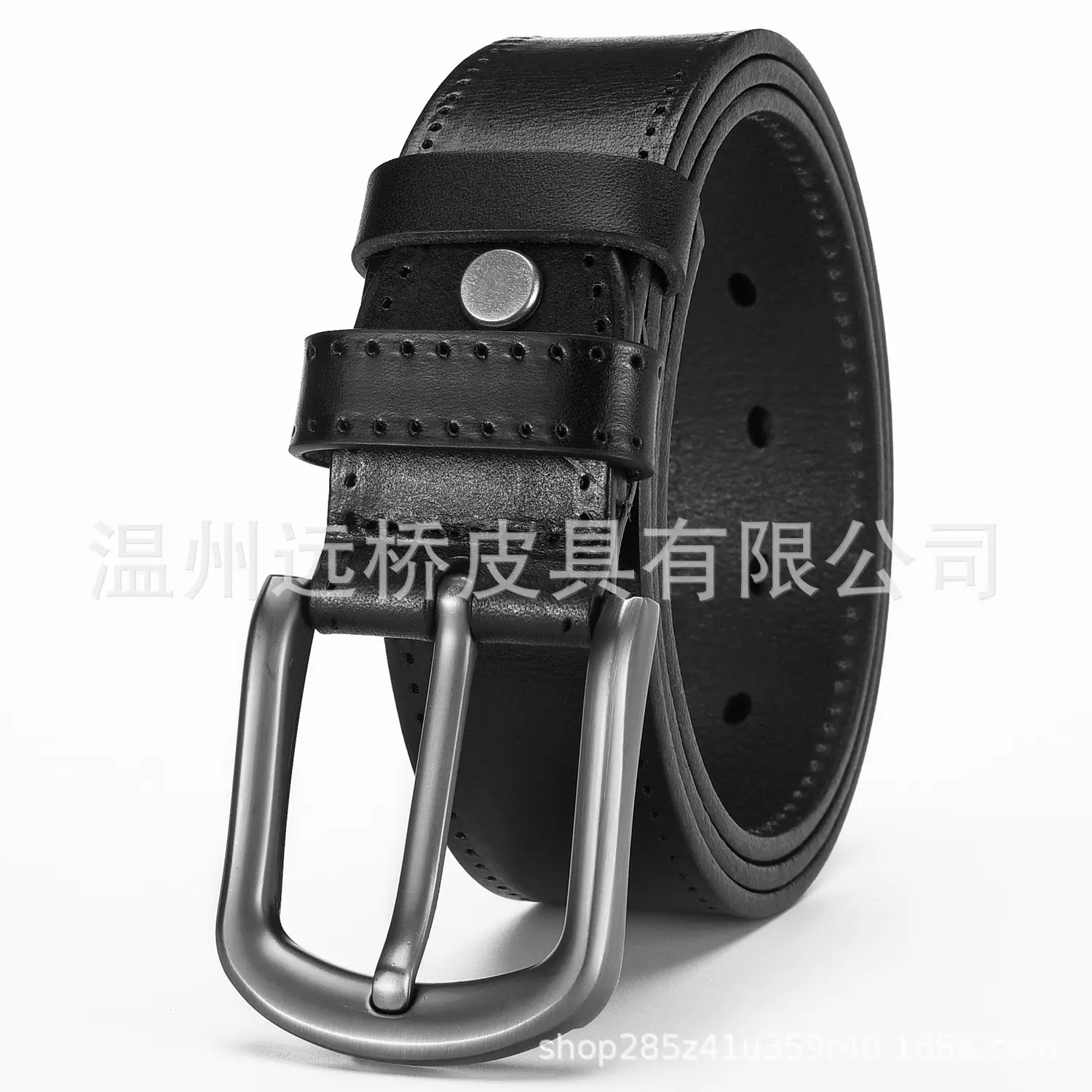 Men's Black Cowhide Belt with Pin Buckle Wide Strap — feature 34