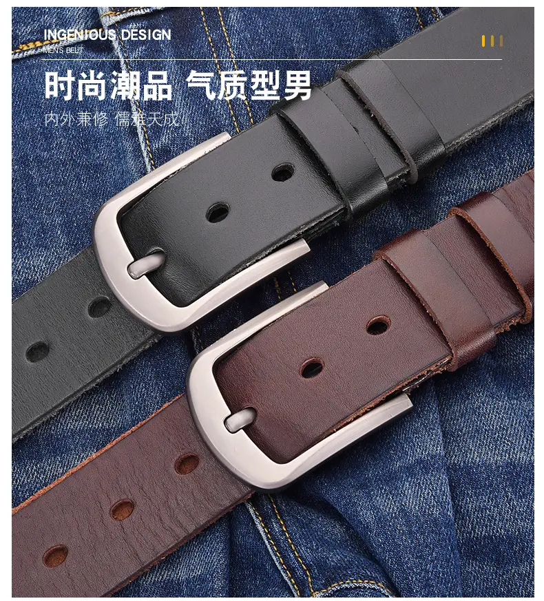 Men's Black Cowhide Belt with Pin Buckle Wide Strap — feature 4
