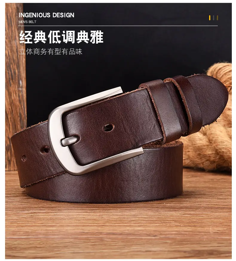 Men's Black Cowhide Belt with Pin Buckle Wide Strap — feature 5