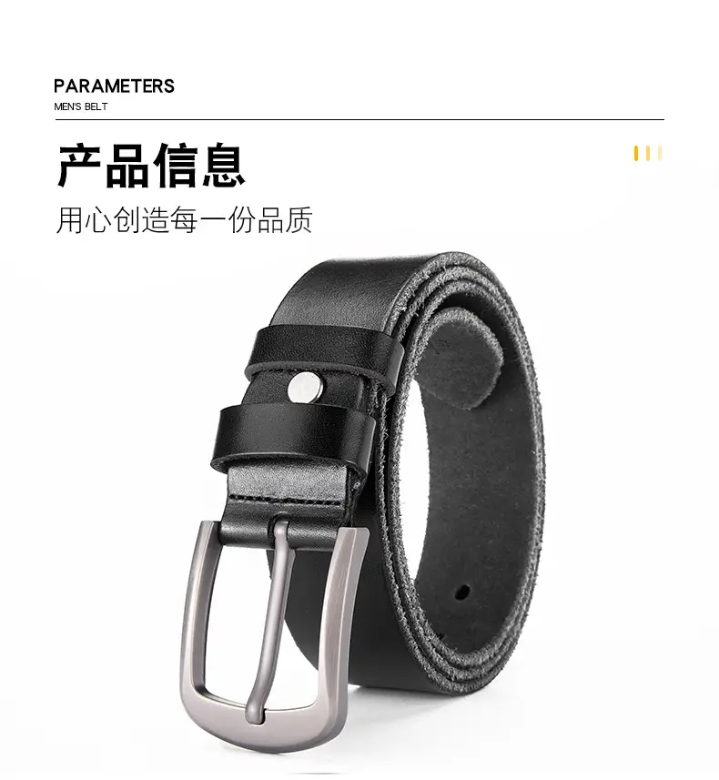 Men's Black Cowhide Belt with Pin Buckle Wide Strap — feature 7