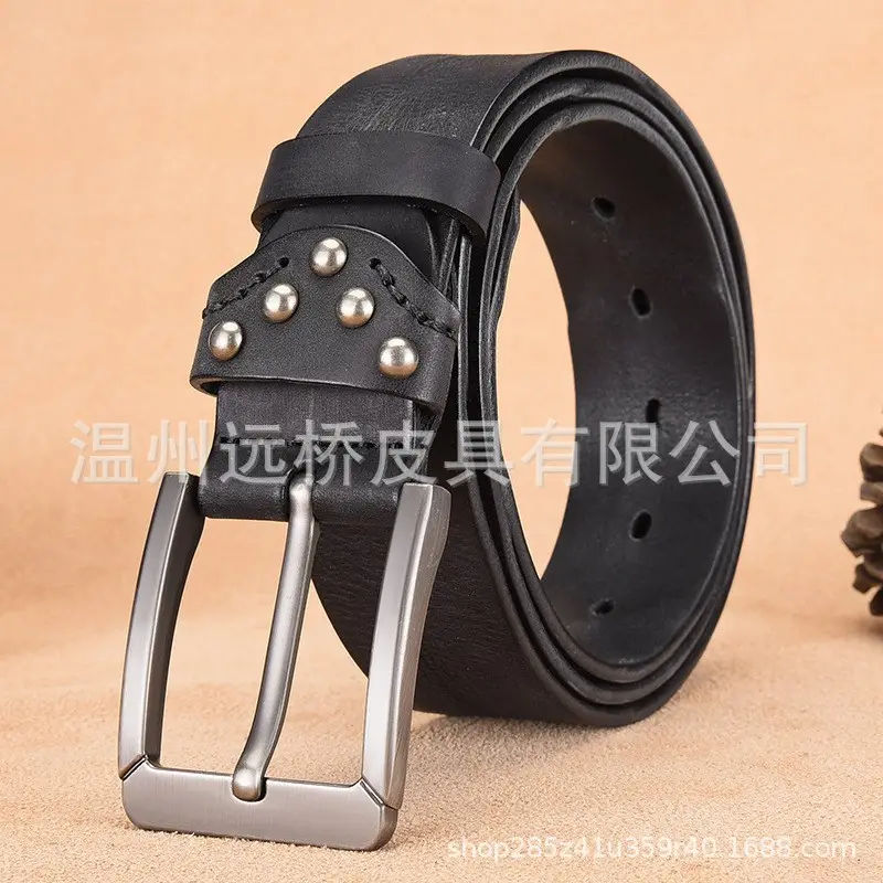 Men's Black Cowhide Belt with Pin Buckle Wide Strap - Image 12