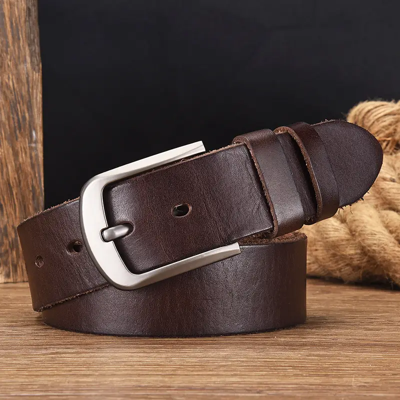Men's Black Cowhide Belt with Pin Buckle Wide Strap - Image 2