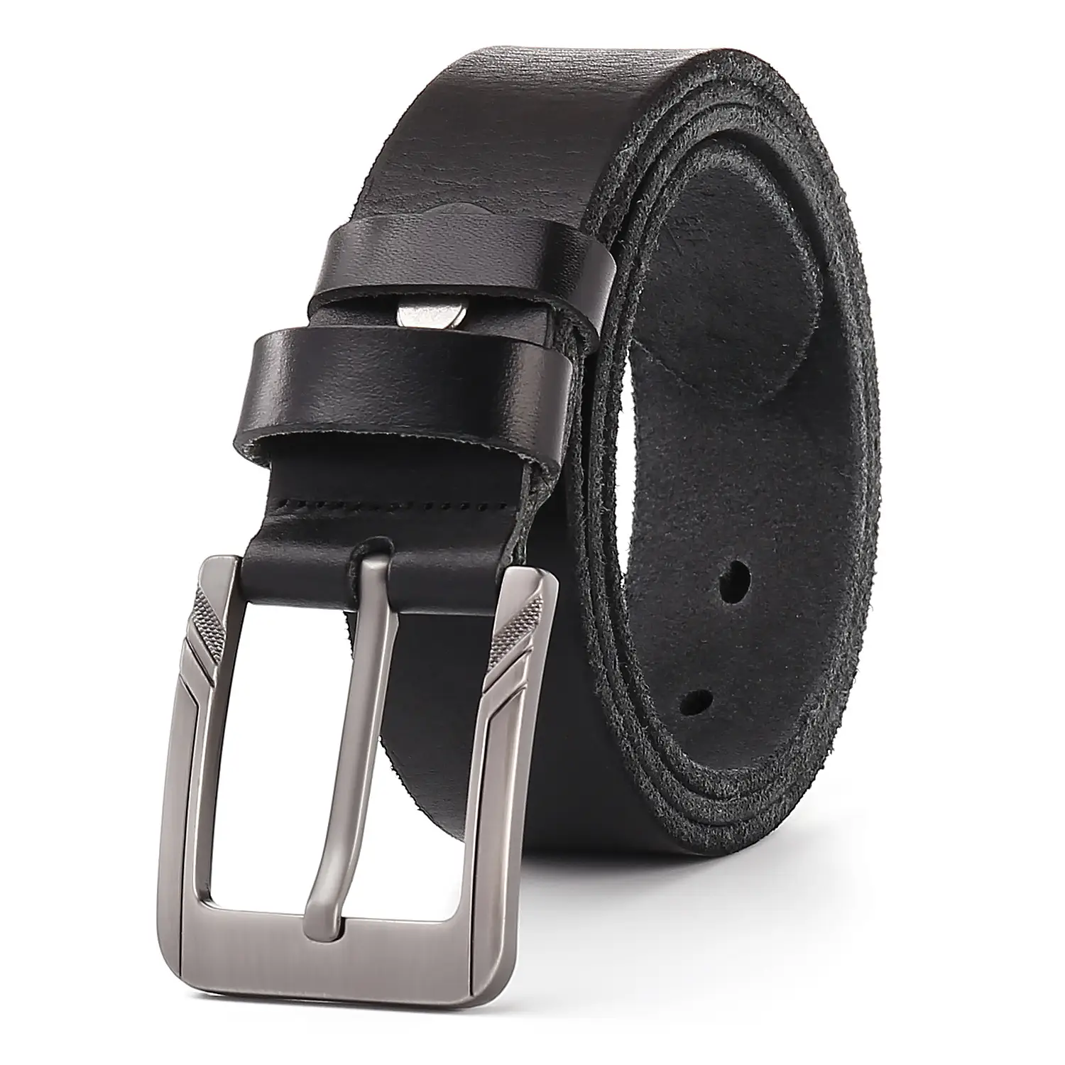 Men's Black Cowhide Belt with Pin Buckle Wide Strap - Image 3